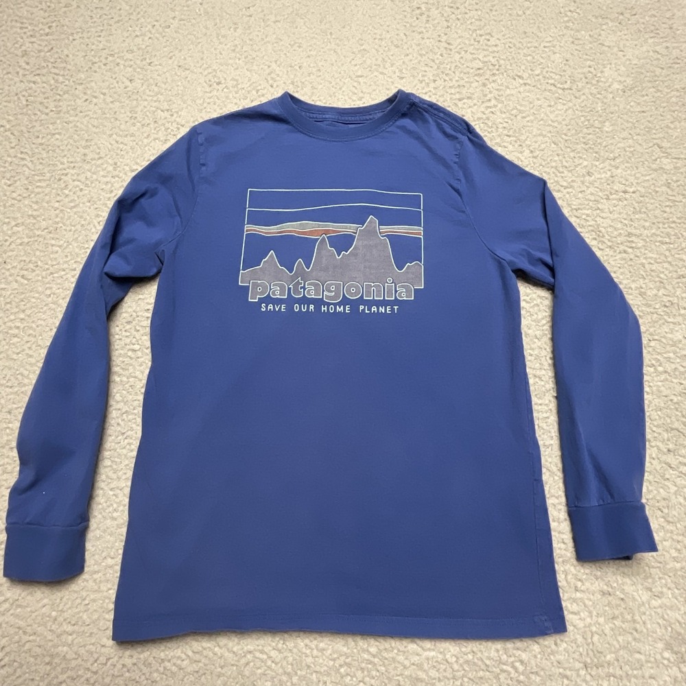 Patagonia Shirt Unisex Kids 14 Blue Long Sleeve Graphic Tee Cotton Tagless